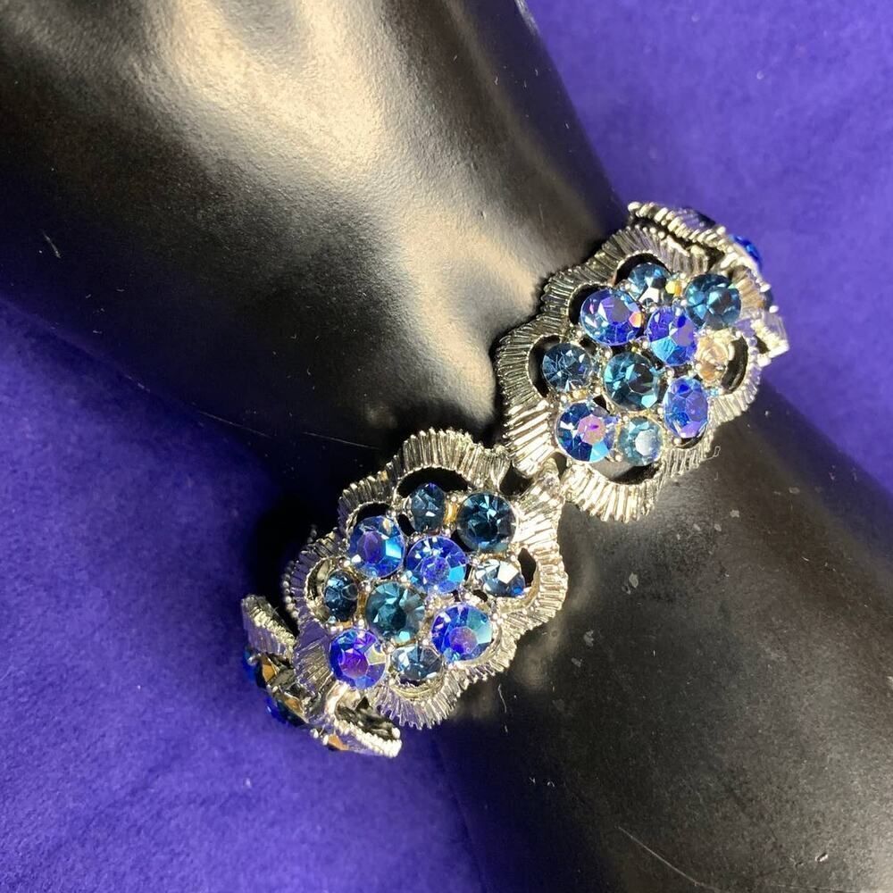 Navy and Light Blue Crystal Bracelet in Silver wash, Vintage